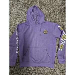 Purple “Have A Nice Day” Hoodie Skull Sun Flowers Men's Medium Skater Bad*ss